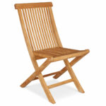 Classic solid teak folding garden chair with slatted seat, tall backrest, and crossed folding legs