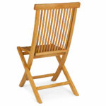 Rear view of teak folding garden chair showing the slatted backrest and folding wooden frame