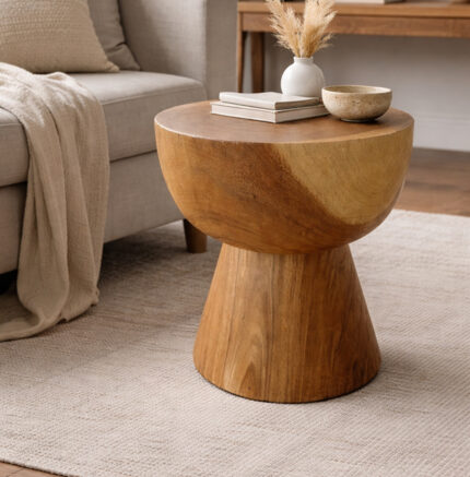 Hand-Carved Solid Suar Wood Hourglass-shaped Side Table for Indoor Living Room