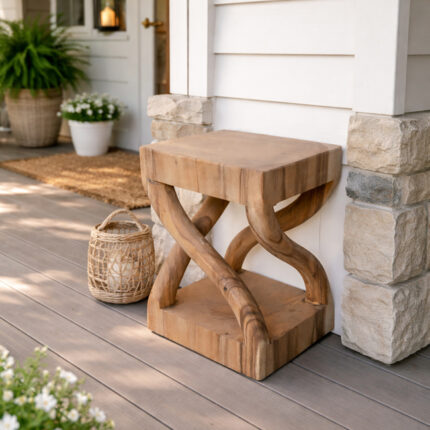 Artistic Live Edge Suar Wood Selendang Stool with Elegant Curved Legs for Living Room