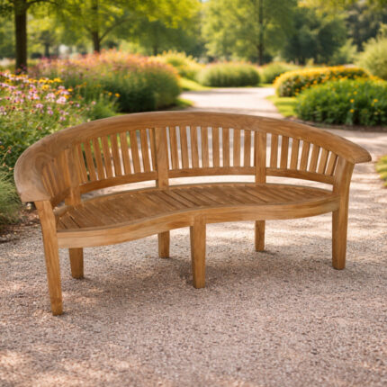 Elegant Almond Curved Teak Wood Garden Bench for Premium Outdoor Seating