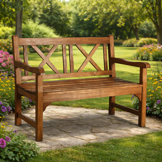 Classic Cross Back Two Seater Wooden Garden Bench for Farmhouse Patio Decor