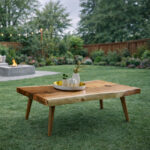 Live Edge Suar Wood Coffee Table Natural Finish in the garden