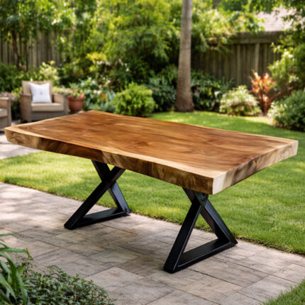 Live Edge Suar Wood Dining Table with Industrial Black Metal X-shaped legs