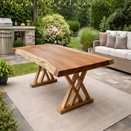 Exquisite Live Edge Suar Wood Dining Table with Bold Modern Cross Legs