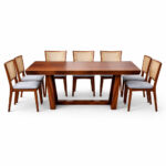 front view suar wood dining table set with 6 teak rattan chairs contemporary design