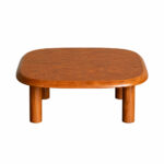 Front view of the Dio oval coffee table made from solid durable teak wood, showcasing its modern minimalist silhouette