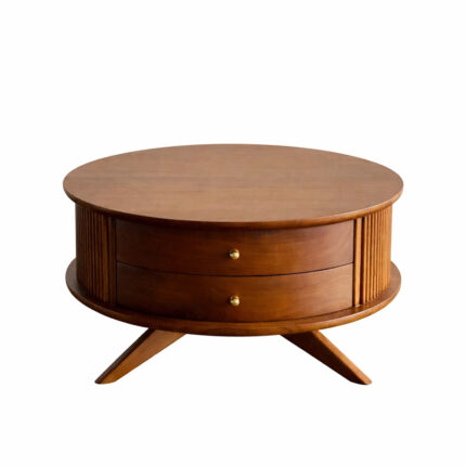 Round teak coffee table with 2 drawers and ribbed details.