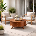 Classic round teak table in modern living room
