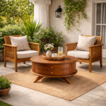 Round teak coffee table with chairs on a patio