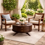 Espresso round teak coffee table in a garden porch
