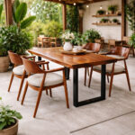 Live edge suar wood dining set with teak chairs in a sunlit garden patio