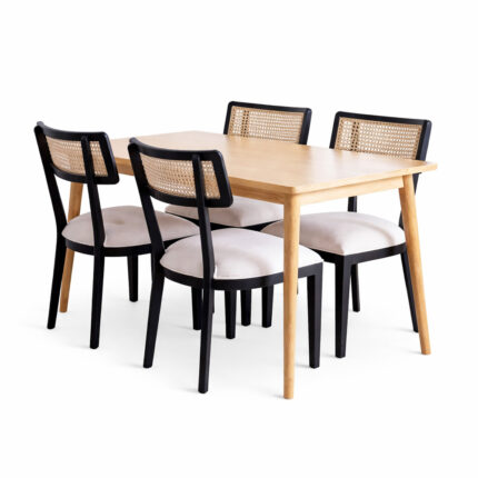 The Mulyo Dining Room Set Solid Teak Table with 4 Rattan Combination Chairs angled view.