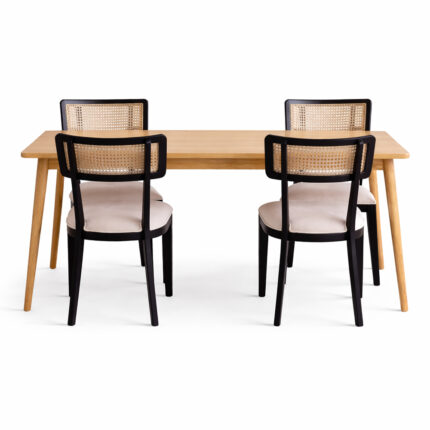Detail of The Mulyo Dining Room Set Solid Teak Table with 4 Rattan Combination Chairs from the back