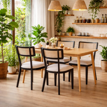 Mulyo Dining Set in a modern bohemian room with plants