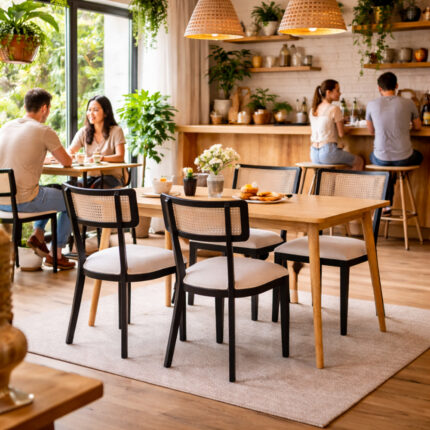 The Mulyo Dining Room Set Solid Teak Table with 4 Rattan Combination Chairs on a rug near a window
