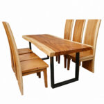 Niwara Suar Wood Dining Set with Natural Live Edge Table and 6 Block Chairs