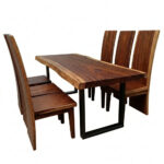 Niwara Dark Suar Wood Dining Set with Live Edge Table and Matching Block Chairs