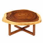 Nunu Round Coffee Table log slice suar wood with natural grain pattern and cross leg base front view