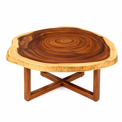 Nunu Round Coffee Table log slice suar wood with natural grain pattern and cross leg base front view