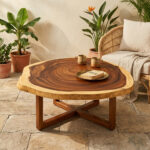 Nunu Round Coffee Table log slice suar wood in living room setting with natural decor and modern rustic style