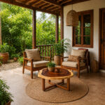 Nunu round coffee table with suar wood grain top on a wooden porch surrounded by lush tropical greenery