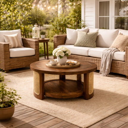 Savana Round Coffe Table| Premium Teak & Rattan Coffee Table with Storage