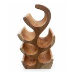 A detailed view of the natural suar wood tree flow wine rack, highlighting the intricate hand-carved curves and the rich natural wood tones
