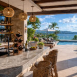 Lifestyle shot of the hand-carved Natural Suar Wood Tree Flow Wine Rack on an outdoor marble bar counter next to a pool with a tropical ocean view