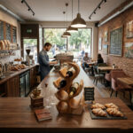 A Natural Suar Wood Tree Flow Wine Rack with bottles placed on a coffee shop counter next to croissants, showing its versatility for commercial retail spaces