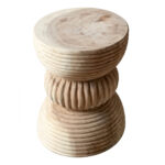 Raw unfinished Eclipse Suar Wood Stool showcasing handcrafted solid suar wood construction with sculptural ribbed detailing