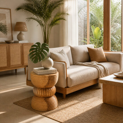 Eclipse Suar Wood Stool Natural Finish styled as an elegant side table beside sofa in warm contemporary living room