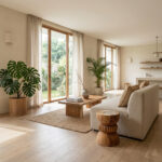 Handcrafted Eclipse Suar Wood Stool Natural Finish placed in spacious modern living room as decorative accent furniture