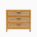 Front view of Lars Woven Sideboard in natural finish teak wood with three rattan weave drawers