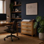 Lars Woven Sideboard Natural Finish integrated into a modern home office setup, providing stylish storage next to a wooden desk and ergonomic chair