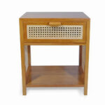 Front view of Liem Square Bedside Table, showcasing the hand-woven rattan drawer panel and solid teak wood frame in natural finish