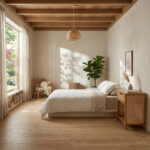 Liem Square Bedside Table in a bright Japandi-style bedroom with oak flooring, high ceilings, and neutral tones