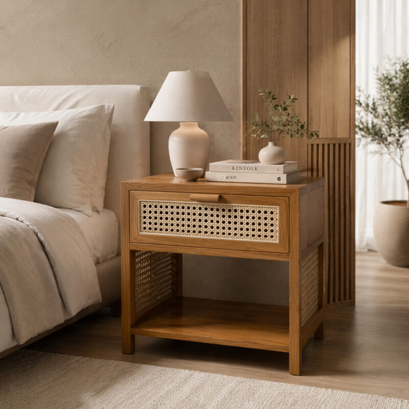 A cozy bedroom interior featuring the Liem Square Bedside Table with a table lamp and books, styled in a warm, modern boho aesthetic