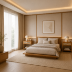 A pair of Liem Square Bedside Tables flanking a low-profile platform bed with integrated warm lighting and minimalist decor