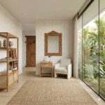 Liem Square Bedside Table used as a side table in a tropical modern villa lounge area next to a large garden window