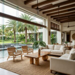 A Live Edge Suar Wood Coffee Table as a centerpiece in a bright, modern tropical living room with pool views