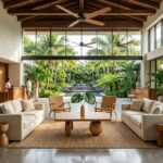Luxury villa interior featuring a handcrafted Live Edge Suar Wood Coffee Table on a natural fiber rug