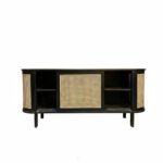 Front view of a Nala mid-century oval sideboard made of solid teak wood with a dark finish and hand-woven rattan door panels