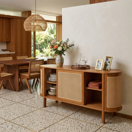 Nala Mid-Century Curved Teak & Rattan Sideboard – Curved Design Midcentury Style
