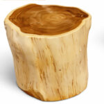 Close-up top view of a solid suar wood log stool showing the beautiful natural contrast between the dark brown heartwood and light cream sapwood with distinct annual growth rings