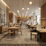 Wide view of a modern commercial restaurant interior furnished with multiple Rivelle Teak Wood Dining Armchairs in black finish