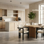Rivelle Teak Wood Dining Armchairs arranged around a solid wood table in a contemporary open-concept kitchen and dining area