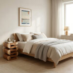 A solid wood sculptural nightstand made from Suar wood used as a unique bedside table in a serene, Japandi-style bedroom