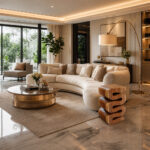 A Serpentine Suar Wood Stool serving as an artistic accent piece next to a curved cream sofa in a high-end, modern living room
