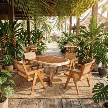 Solara live edge cafe table with teak wood chairs featuring rattan seat and backrest design in tropical outdoor setting